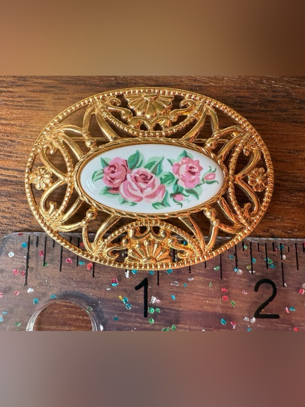 Avon Gold Tone Brooch with Pink Floral Design Flower Rose Cameo